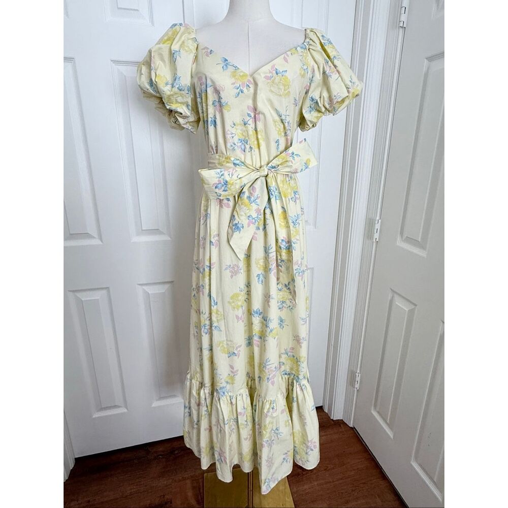 LoveShackFancy x Target Ines Yellow Floral Puff Sleeve Midi Dress Sz 0